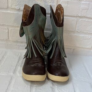 Justin Boots Brown Leather Ankle Booties with Mint Fringe